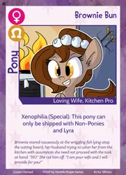 Size: 788x1088 | Tagged: safe, artist:tjpones, derpibooru import, oc, oc:brownie bun, unofficial characters only, earth pony, pony, horse wife, twilight sparkle's secret shipfic folder, arrow, bust, card, cheek fluff, ear fluff, female, fire, housewife, kitchen, mare, neck fluff, solo, text