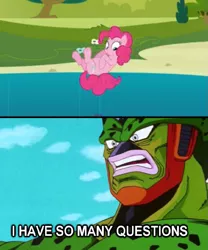 Size: 631x760 | Tagged: cell, cell (dbz), derpibooru import, dragon ball z, dragonball z abridged, i have so many questions..., in which pinkie pie forgets how to gravity, pinkie being pinkie, pinkie physics, pinkie pie, safe, semi-perfect cell
