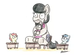 Size: 1865x1346 | Tagged: safe, artist:bobthedalek, derpibooru import, octavia melody, oc, oc:mixed melody, oc:octavia's mother, earth pony, pony, chair, clothes, deep mothering, desk, dress, mothers gonna mother, overprotective, traditional art