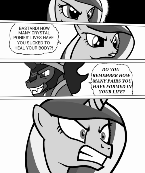 Size: 1024x1219 | Tagged: angry, artist:blondenobody, comic, derpibooru import, dio brando, grayscale, jojo's bizarre adventure, king sombra, monochrome, princess cadance, safe, william zeppeli