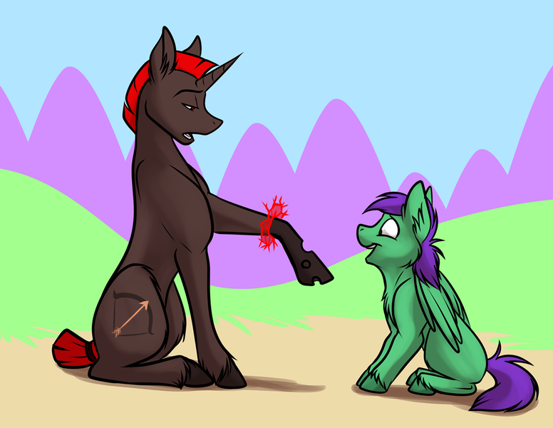 Size: 1000x773 | Tagged: safe, artist:foxenawolf, derpibooru import, oc, oc:red archer, unofficial characters only, changeling, pegasus, pony, unicorn, fanfic:conversations in a canterlot café, changeling magic, fanfic art, fascinated, frown, open mouth, outdoors, red changeling, sitting, smiling, transformation, unshorn fetlocks, wide eyes