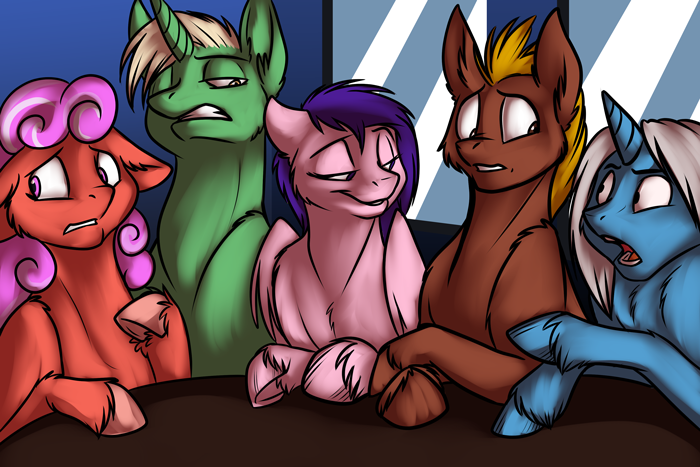 Size: 700x467 | Tagged: safe, artist:foxenawolf, derpibooru import, oc, oc:airbrush, unofficial characters only, earth pony, pegasus, pony, unicorn, fanfic:conversations in a canterlot café, fanfic art, floppy ears, unshorn fetlocks