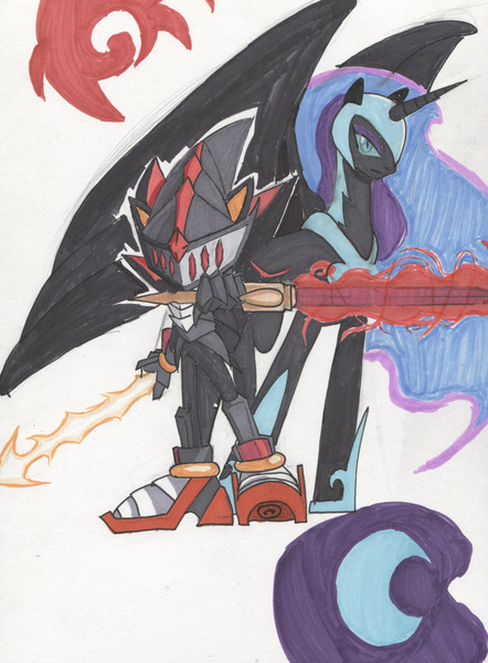 Size: 1280x1736 | Tagged: armor, artist:chaosknight, crossover, derpibooru import, lancelot (sonic the hedgehog), nightmare moon, patapon, safe, shadow the hedgehog, sonic and the black knight, sonic the hedgehog (series), sword, traditional art, weapon