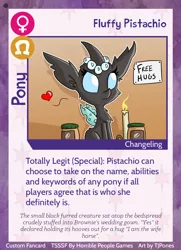 Size: 788x1088 | Tagged: safe, artist:tjpones, derpibooru import, oc, oc:pistachio, unofficial characters only, changeling, horse wife, twilight sparkle's secret shipfic folder, candle, card, changeling oc, cheek fluff, chest fluff, ear fluff, female, heart, sitting, solo, text