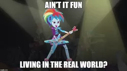 Size: 888x499 | Tagged: safe, derpibooru import, crimson napalm, rainbow dash, thunderbass, valhallen, equestria girls, friendship through the ages, rainbow rocks, ain't it fun, background human, caption, image macro, meme, paramore, rainbow punk, rainbow sass, solo, song reference, text