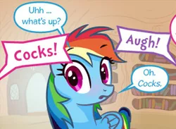 Size: 279x204 | Tagged: artist:syoee b, blushing, comic, comic:pinkie's dingdong, cropped, derpibooru import, rainbow dash, reaction image, suggestive, vulgar, wat