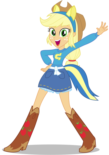 Size: 8500x12000 | Tagged: safe, artist:caliazian, derpibooru import, applejack, equestria girls, equestria girls (movie), .ai available, absurd resolution, applejack's hat, boots, canterlot high, clothes, cowboy hat, denim skirt, fake tail, freckles, hat, helping twilight win the crown, looking at you, open mouth, pony ears, pose, school spirit, shoes, simple background, skirt, solo, stetson, transparent background, vector, wondercolts