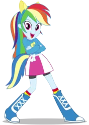 Size: 8500x12000 | Tagged: safe, artist:caliazian, derpibooru import, rainbow dash, equestria girls, equestria girls (movie), .ai available, absurd resolution, boots, canterlot high, clothes, crossed arms, fake tail, helping twilight win the crown, long hair, looking at you, open mouth, pony ears, pose, rainbow socks, school spirit, shoes, simple background, skirt, socks, solo, striped socks, transparent background, vector, wondercolts