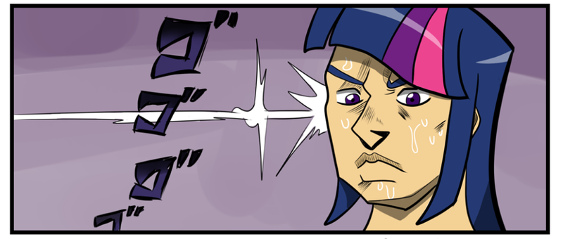 Size: 1052x447 | Tagged: artist:gtapia91, cropped, derpibooru import, edit, giorno giovanna, human, humanized, japanese, jojo's bizarre adventure, meme, menacing, onomatopoeia, safe, sound effects, style emulation, sweat, the taste of a liar, twilight sparkle, vento aureo, ゴ ゴ ゴ