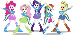 Size: 16000x7750 | Tagged: safe, artist:caliazian, derpibooru import, applejack, fluttershy, pinkie pie, rainbow dash, rarity, equestria girls, equestria girls (movie), .ai available, absurd resolution, boots, canterlot high, clothes, crossed arms, denim skirt, fake tail, group shot, helping twilight win the crown, humane five, long hair, looking at you, open mouth, pony ears, pose, rainbow socks, school spirit, shoes, simple background, skirt, socks, striped socks, transparent background, vector, wondercolts