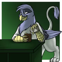 Size: 800x800 | Tagged: safe, artist:foxenawolf, derpibooru import, oc, oc:arlin steelfeather, unofficial characters only, gryphon, fanfic:conversations in a canterlot café, blue eyes, fanfic art, flask, solo