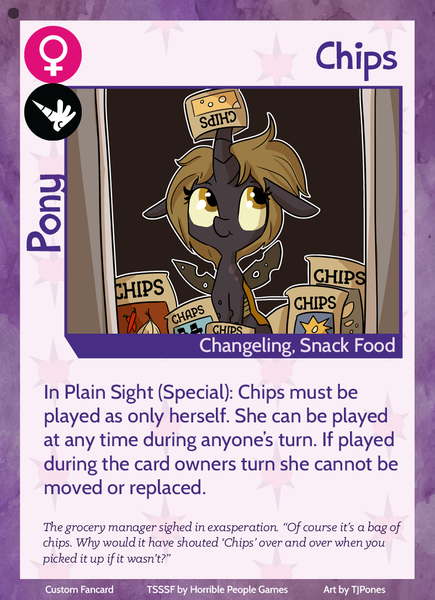 Size: 788x1088 | Tagged: safe, artist:tjpones, derpibooru import, changeling queen oc, oc, oc:chips, unofficial characters only, changeling, changeling queen, horse wife, twilight sparkle's secret shipfic folder, card, changeling oc, chips, disguise, female, food, potato chips, salt and vinegar chips, sitting, solo