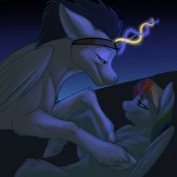 Size: 3300x3300 | Tagged: safe, artist:foxenawolf, derpibooru import, rainbow dash, soarin', pony, fanfic, fanfic:piercing the heavens, bedroom eyes, fake horn, fanfic art, female, glowing horn, horn, magic, male, romance, shipping, soarindash, straight, wonderbolts