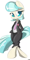 Size: 600x1200 | Tagged: safe, artist:[redacted], derpibooru import, coco pommel, pony, bipedal, blazer, business suit, clothes, crossdressing, looking down, necktie, pants, shirt, solo, suit
