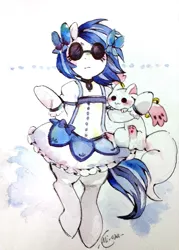 Size: 1112x1555 | Tagged: alien, artist:mi-eau, clothes, cropped, crossover, derpibooru import, dress, edit, glasses, incubator (species), kyubey, magical girl, puella magi madoka magica, safe, solo, traditional art, vinyl scratch, watercolor painting