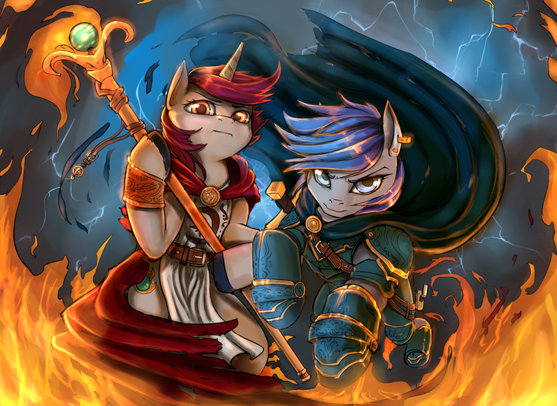 Size: 1280x933 | Tagged: artist:mod-of-chaos, derpibooru import, fire, lightning, oc, oc:naked steel, oc:torch light, safe, unofficial characters only, warhammer fantasy, warhammer (game), warpony