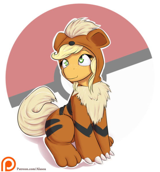 Size: 1250x1350 | Tagged: safe, artist:alasou, deleted from derpibooru, derpibooru import, applejack, growlithe, pony, clothes, costume, cute, freckles, jackabetes, kigurumi, patreon, patreon logo, pokémon, simple background, smiling, solo, transparent background