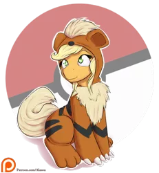 Size: 1250x1350 | Tagged: safe, artist:alasou, deleted from derpibooru, derpibooru import, applejack, growlithe, pony, clothes, costume, cute, freckles, jackabetes, kigurumi, patreon, patreon logo, pokémon, simple background, smiling, solo, transparent background