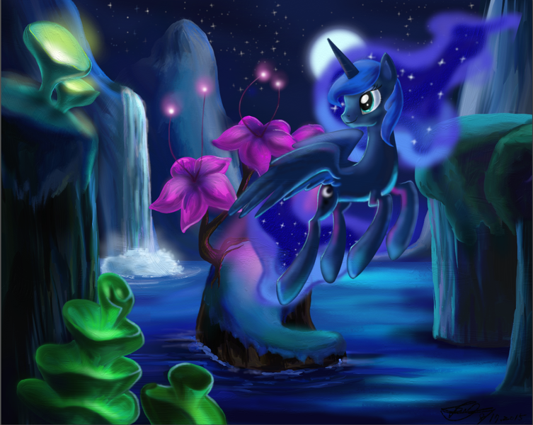 Size: 1349x1075 | Tagged: safe, artist:marcylin1023, derpibooru import, princess luna, alicorn, pony, do princesses dream of magic sheep, dream, female, flower, giant flower, glowing flower, luna's dream, mare, moon, night, solo, surreal, waterfall