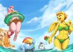 Size: 3102x2196 | Tagged: suggestive, artist:audrarius, derpibooru import, fluttershy, pinkie pie, rainbow dash, soarin', spitfire, anthro, earth pony, pegasus, unguligrade anthro, abs, attached skirt, bare chest, beach, beach ball, belly button, bikini, bracelet, breasts, cleavage, clothes, cloud, cloudy, female, inflatable, inner tube, jewelry, looking back, looking down, male, open mouth, partial nudity, plump, raft, sexy, shipping, side-tie bikini, skirt, sky, soarinfire, straight, stupid sexy spitfire, swimsuit, topless, water