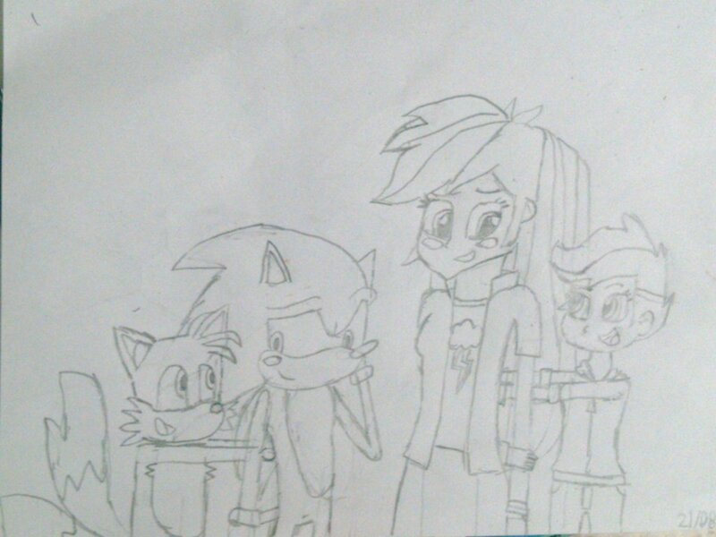 Size: 1024x768 | Tagged: safe, artist:brandonale, derpibooru import, rainbow dash, scootaloo, equestria girls, crossover, crossover shipping, female, male, miles "tails" prower, monochrome, shipping, sonic the hedgehog, sonic the hedgehog (series), sonicdash, straight, traditional art