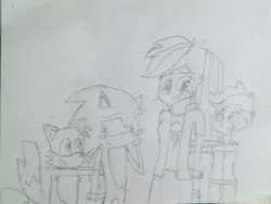 Size: 1024x768 | Tagged: safe, artist:brandonale, derpibooru import, rainbow dash, scootaloo, equestria girls, crossover, crossover shipping, female, male, miles "tails" prower, monochrome, shipping, sonic the hedgehog, sonic the hedgehog (series), sonicdash, straight, traditional art