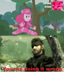 Size: 1024x1152 | Tagged: safe, derpibooru import, screencap, pinkie pie, equestria girls, friendship games, pinkie spy (short), big boss, camouflage, caption, image macro, meme, metal gear, metal gear solid 3, naked snake, snake eater, text, you're doing it wrong