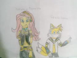 Size: 1024x768 | Tagged: safe, artist:brandonale, derpibooru import, fluttershy, equestria girls, clothes, cosplay, costume, crossover, fluttertails, kagamine len, megurine luka, miles "tails" prower, sonic the hedgehog (series), traditional art, vocaloid