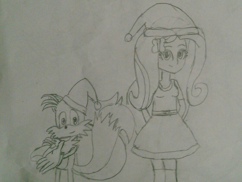 Size: 1024x768 | Tagged: safe, artist:brandonale, derpibooru import, fluttershy, equestria girls, crossover, fluttertails, miles "tails" prower, monochrome, sonic the hedgehog (series), traditional art