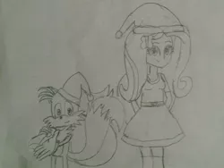 Size: 1024x768 | Tagged: safe, artist:brandonale, derpibooru import, fluttershy, equestria girls, crossover, fluttertails, miles "tails" prower, monochrome, sonic the hedgehog (series), traditional art