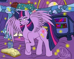 Size: 1280x1024 | Tagged: safe, artist:manestreamstudios, derpibooru import, twilight sparkle, twilight sparkle (alicorn), alicorn, firefly (insect), insect, pony, book, female, mare, solo