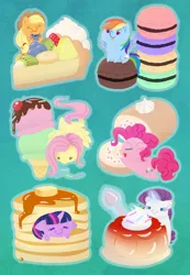 Size: 1800x2600 | Tagged: applejack, artist:anzicorn, cake, chibi, cute, derpibooru import, fluttershy, food, ice cream, i'm pancake, macaron, mane six, pancakes, pie, pinkie pie, pixiv, ponies in food, pudding, rainbow dash, rarity, safe, swiss roll, twilight sparkle