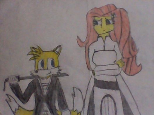 Size: 526x394 | Tagged: safe, artist:brandonale, derpibooru import, fluttershy, equestria girls, bleach (manga), clothes, cosplay, costume, crossover, fluttertails, inoue orihime, kurosaki ichigo, miles "tails" prower, sonic the hedgehog (series), traditional art