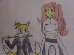 Size: 526x394 | Tagged: safe, artist:brandonale, derpibooru import, fluttershy, equestria girls, bleach (manga), clothes, cosplay, costume, crossover, fluttertails, inoue orihime, kurosaki ichigo, miles "tails" prower, sonic the hedgehog (series), traditional art