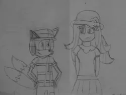 Size: 1024x768 | Tagged: safe, artist:brandonale, derpibooru import, fluttershy, equestria girls, clothes, cosplay, costume, crossover, el chavo, el chavo del 8, fluttertails, miles "tails" prower, monochrome, paty, sonic the hedgehog (series), traditional art