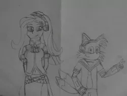Size: 1024x768 | Tagged: safe, artist:brandonale, derpibooru import, fluttershy, equestria girls, clothes, cosplay, costume, crossover, fluttertails, kagamine len, megurine luka, miles "tails" prower, monochrome, sonic the hedgehog (series), traditional art, vocaloid
