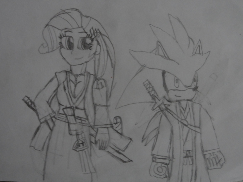 Size: 1024x768 | Tagged: safe, artist:brandonale, derpibooru import, rarity, equestria girls, bleach (manga), clothes, cosplay, costume, crossover, hitsugaya toshiro, monochrome, rangiku matsumoto, silvarity, silver the hedgehog, sonic the hedgehog (series), traditional art