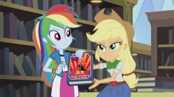 Size: 1280x719 | Tagged: safe, derpibooru import, edit, edited screencap, screencap, applejack, rainbow dash, equestria girls, friendship games, sunset shimmer's time to shine, book, exploitable meme, meme, we like this book