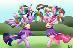 Size: 3000x2000 | Tagged: safe, artist:sintakhra, derpibooru import, pinkie pie, twilight sparkle, twilight sparkle (alicorn), alicorn, pony, cheerleader, female, mare, wig