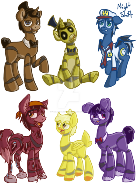 Size: 1024x1365 | Tagged: artist:fallenfateadopts, bonnie, chica, crossover, derpibooru import, five nights at freddy's, foxy, freddy fazbear, golden freddy, safe, security officer