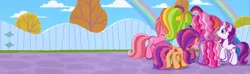 Size: 1450x430 | Tagged: cheerilee (g3), core seven, crowded, derpibooru import, double rainbow, fence, g3.5, g3 panorama, panorama, pinkie pie (g3), rainbow, rainbow dash (g3), safe, scootaloo (g3), screencap, starsong, sweetie belle (g3), toola roola, twinkle wish adventure