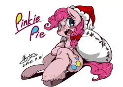 Size: 2338x1653 | Tagged: artist:umabun, artist:馬文, bag, christmas, derpibooru import, hat, holiday, pinkie pie, pixiv, sack, safe, santa hat, santa sack, solo, unshorn fetlocks