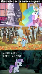 Size: 852x1495 | Tagged: anagram, applejack, appleoosa's most wanted, ashleigh ball, claire corlett, derpibooru import, fall weather friends, make new friends but keep discord, meme, nicole oliver, princess celestia, rainbow dash, safe, scootaloo, screencap, sweetie belle, voice actor