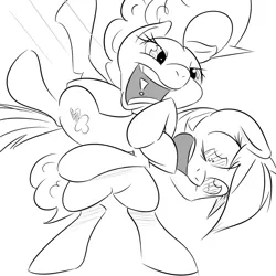 Size: 700x700 | Tagged: safe, artist:[redacted], derpibooru import, pinkie pie, rainbow dash, pony, /mlp/, bipedal, drawthread, exclamation point, monochrome, open mouth, scared, sports, wrestling