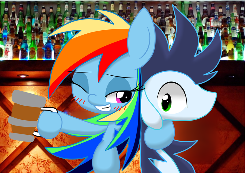 Size: 1280x904 | Tagged: safe, artist:lovehtf421, derpibooru import, rainbow dash, soarin', pony, bar, cider, female, male, shipping, soarindash, straight