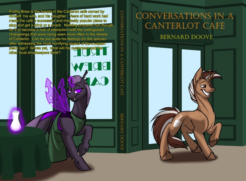 Size: 1280x939 | Tagged: safe, artist:foxenawolf, derpibooru import, oc, oc:frothy brew, oc:mixxitkl, unofficial characters only, changeling, pony, unicorn, fanfic, fanfic:conversations in a canterlot café, apron, bedroom eyes, book cover, clothes, cover, fanfic art, fanfic cover, glowing horn, grin, horn, levitation, magic, purple changeling, raised hoof, smiling, telekinesis, unshorn fetlocks