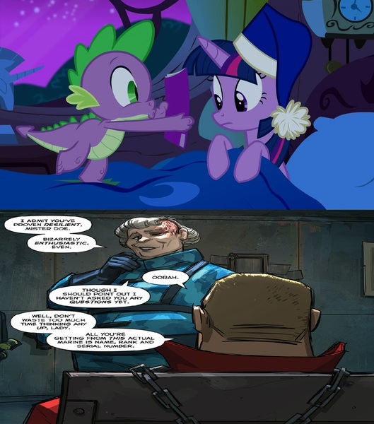 Size: 1169x1326 | Tagged: alicorn, bed, comic, comic book meme, derpibooru import, exploitable meme, golden oaks library, grimdark, meme, obligatory pony, power ponies (episode), pyro, scar, soldier, spike, team fortress 2, team fortress classic, twilight sparkle, twilight sparkle (alicorn)