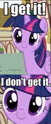 Size: 379x908 | Tagged: safe, derpibooru import, screencap, twilight sparkle, twilight sparkle (alicorn), alicorn, pony, c:, caption, close-up, cute, female, i don't get it, image macro, jontron, mare, meme, plug and play consoles, reaction image, smiling, solo, text