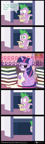 Size: 700x2220 | Tagged: safe, artist:dm29, derpibooru import, spike, twilight sparkle, twilight sparkle (alicorn), alicorn, pony, angry, comic, dialogue, duo, female, growling, mare, scroll