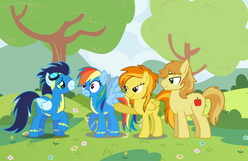 Size: 1024x666 | Tagged: safe, artist:3d4d, derpibooru import, braeburn, rainbow dash, soarin', spitfire, pony, clothes, female, male, nudge, shipping, soarindash, spitburn, spread wings, straight, uniform, wingboner, wings, wonderbolts uniform